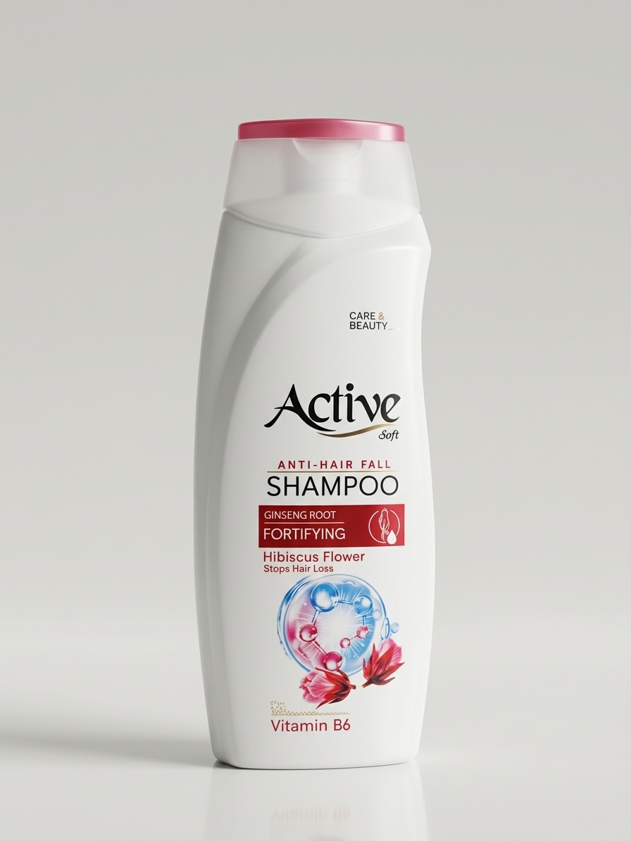 شامپو ضد ریزش و تقویتکننده اکتیو سافت (Active Soft) مدل Anti-Hair Fall حاوی ریشه جینسینگ و گل ختمی